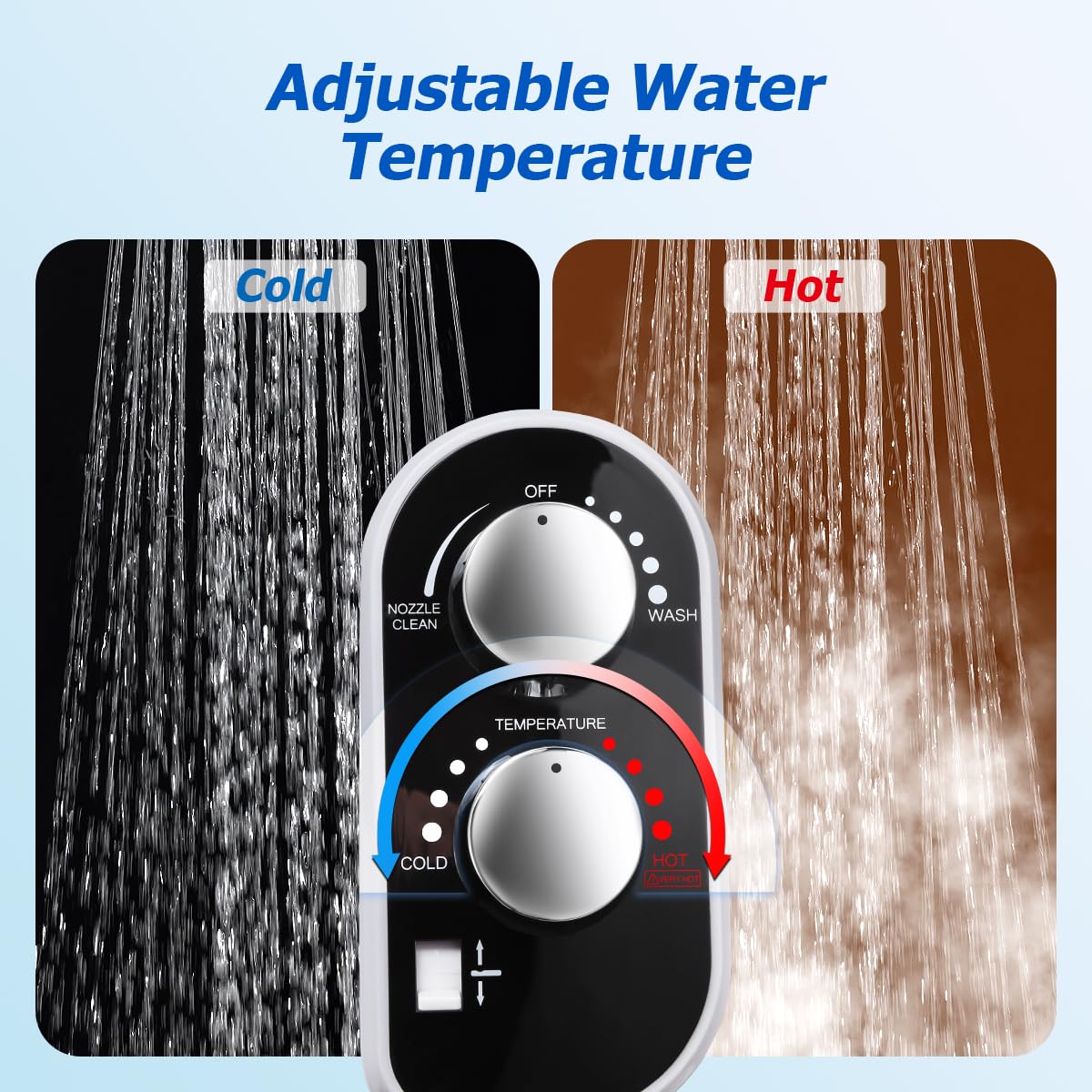 DooLv adjustable water pressure showing soft and strong spray options