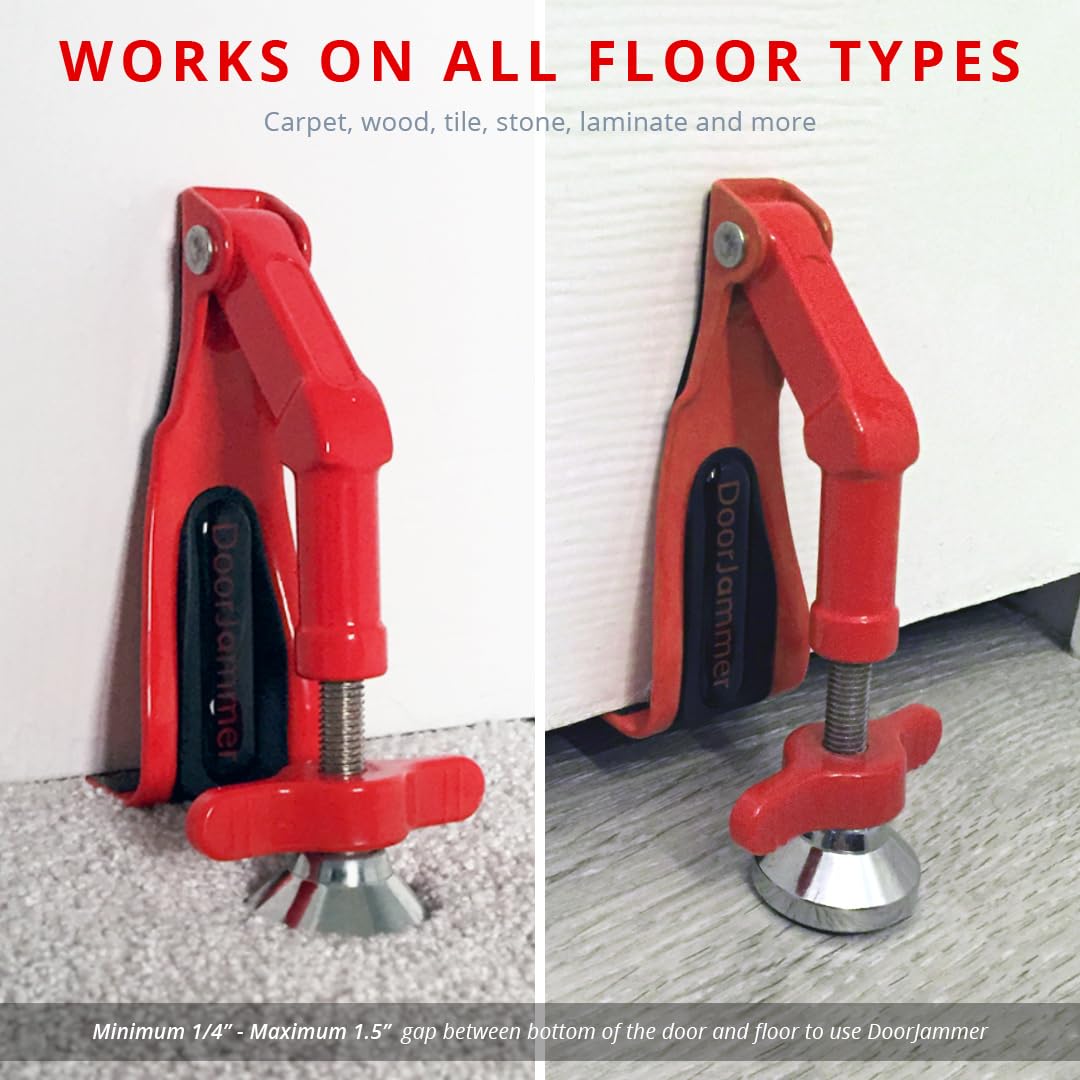 DoorJammer durable-surface-attachment anchors to tile, laminate, or carpet.