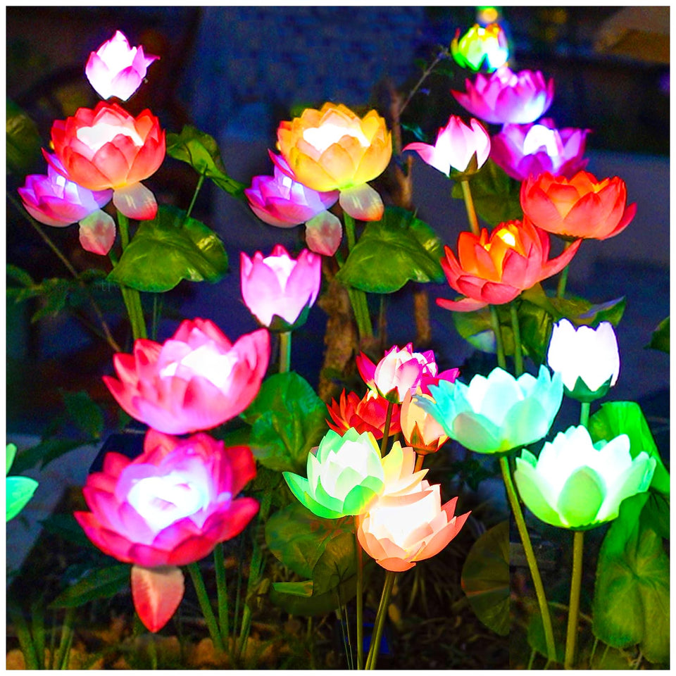 DooYard Solar Garden Lights 4 Pack illuminate outdoor spaces with vibrant, color-changing lotus petals.