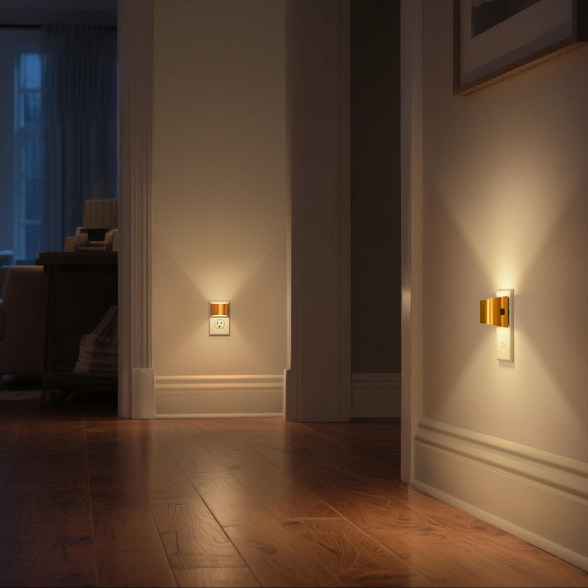 DORESshop minimalist black frame night light plugs without blocking outlets.