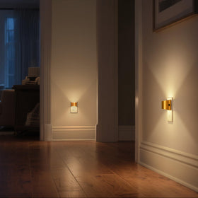 DORESshop minimalist black frame night light plugs without blocking outlets.