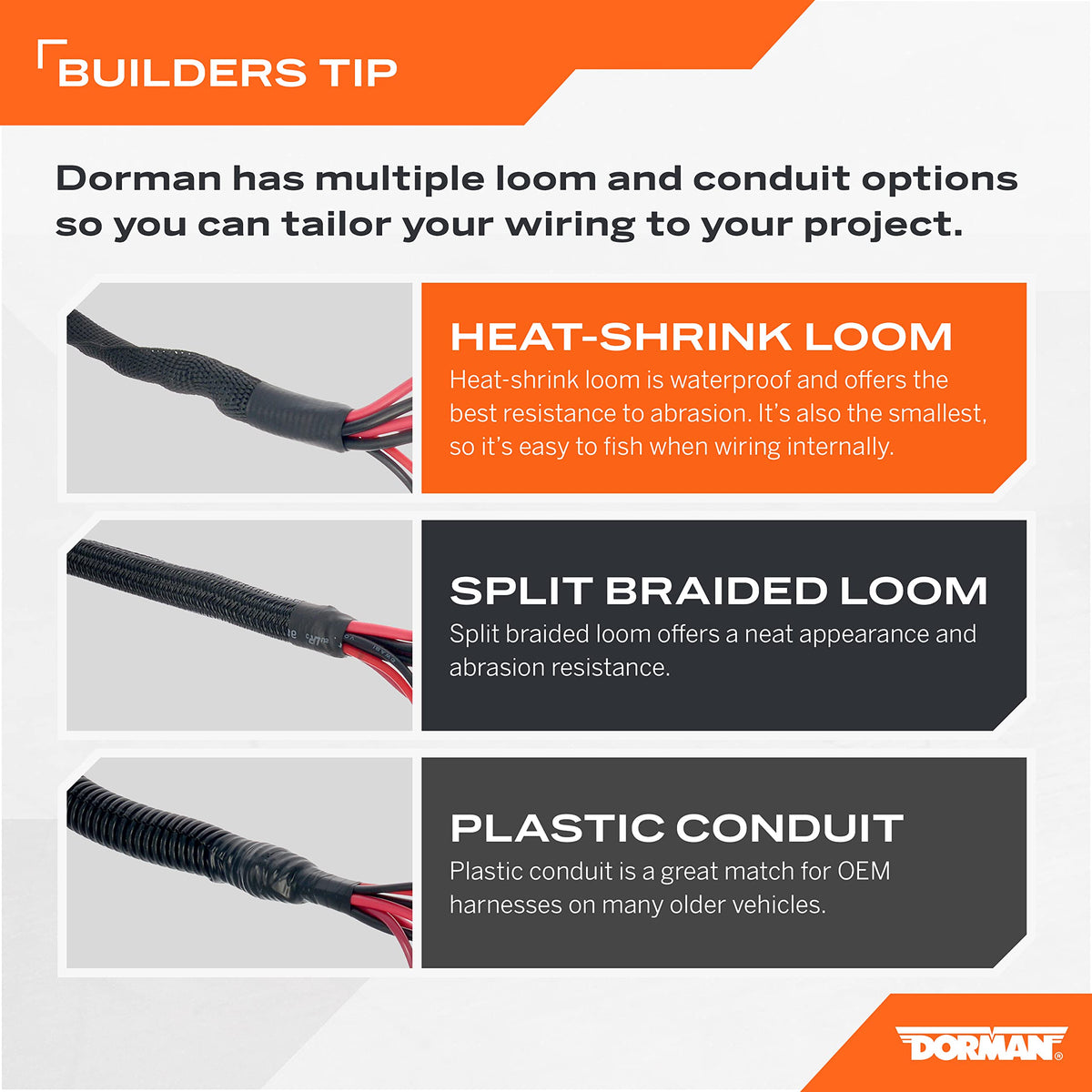 Dorman 86632 flex split conduit durable shell shields automotive wires during installation.