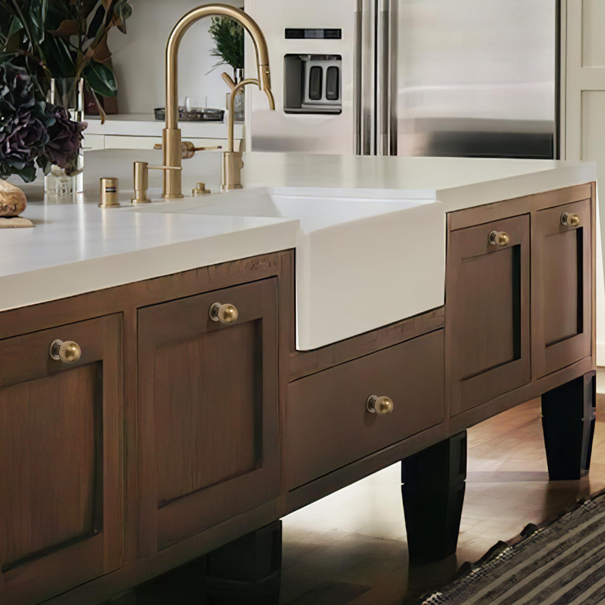 Dosoye ball knob antique brass on a drawer highlights easy upgrade.