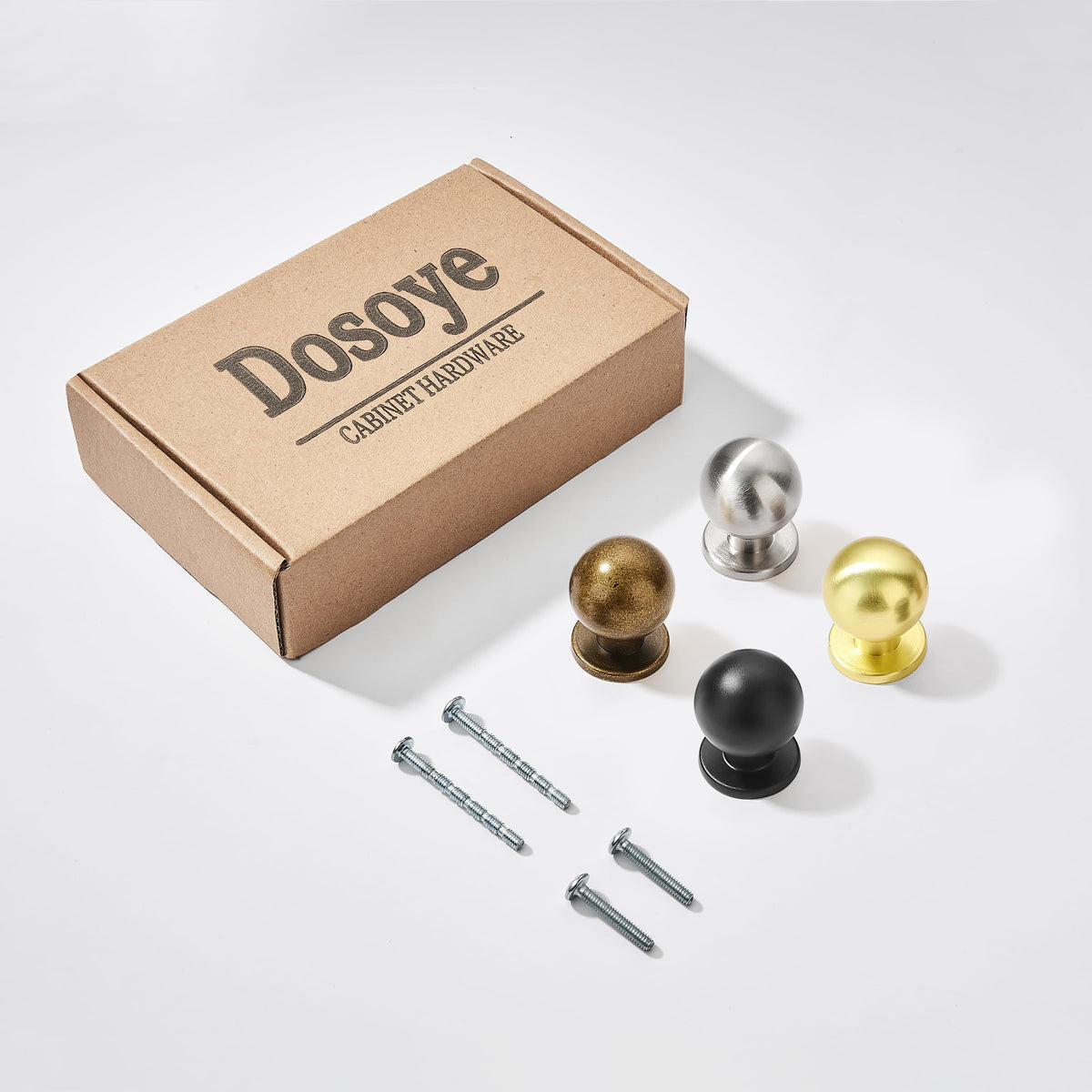 Dosoye ball knob antique brass packaging with screws included.