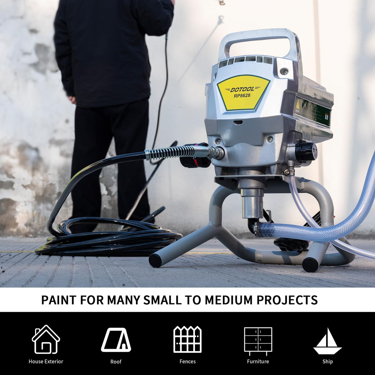 Dotool airless sprayer with 45-foot hose enables wide-area painting without frequent moves.