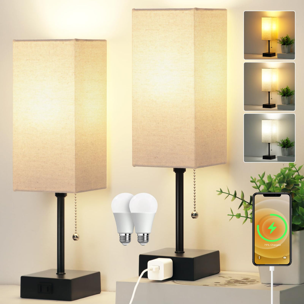 Dott Arts 15-inch table lamp set for bedroom ambient lighting.