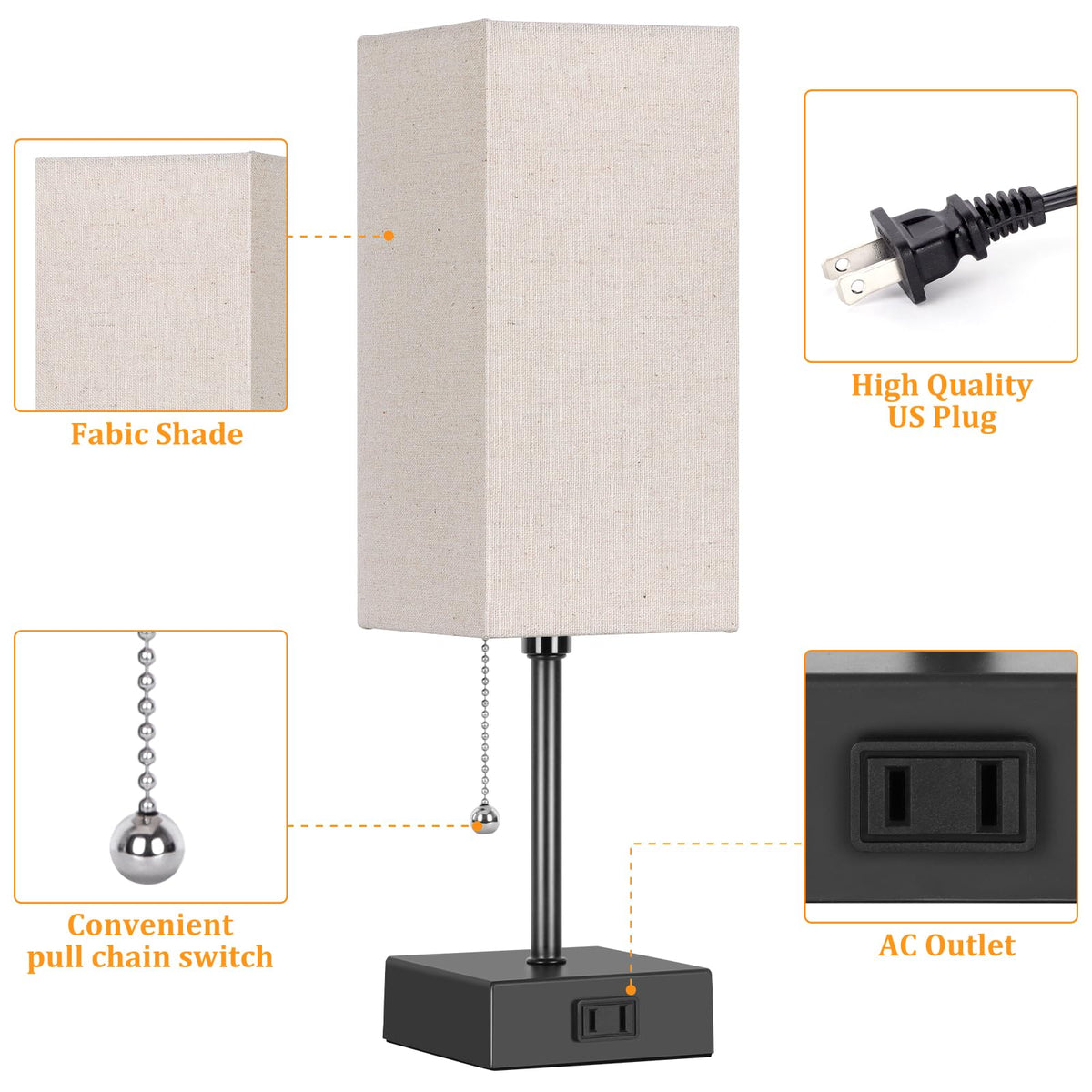 Dott Arts AC-outlet table lamp keeps devices charged.