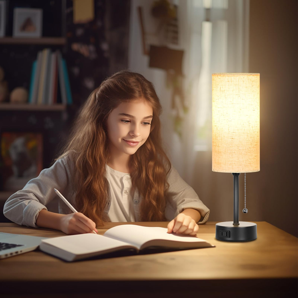 Dott Arts minimalist bedside lamp adds decor and soft lighting.