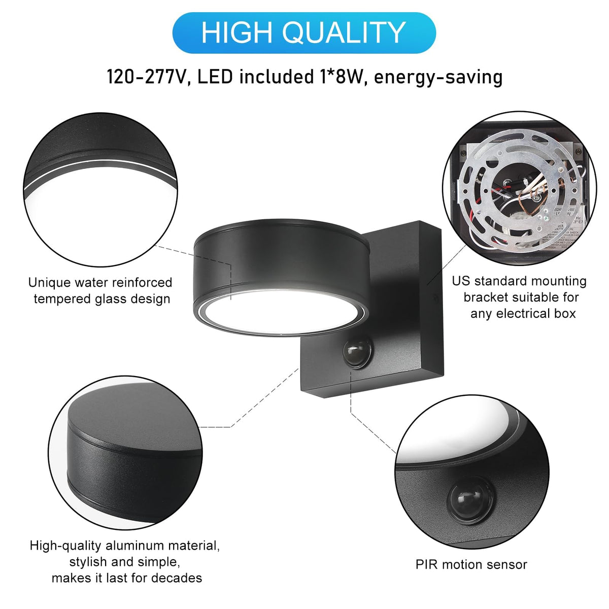 Double Century waterproof outdoor light with tempered glass seal protects against weather.