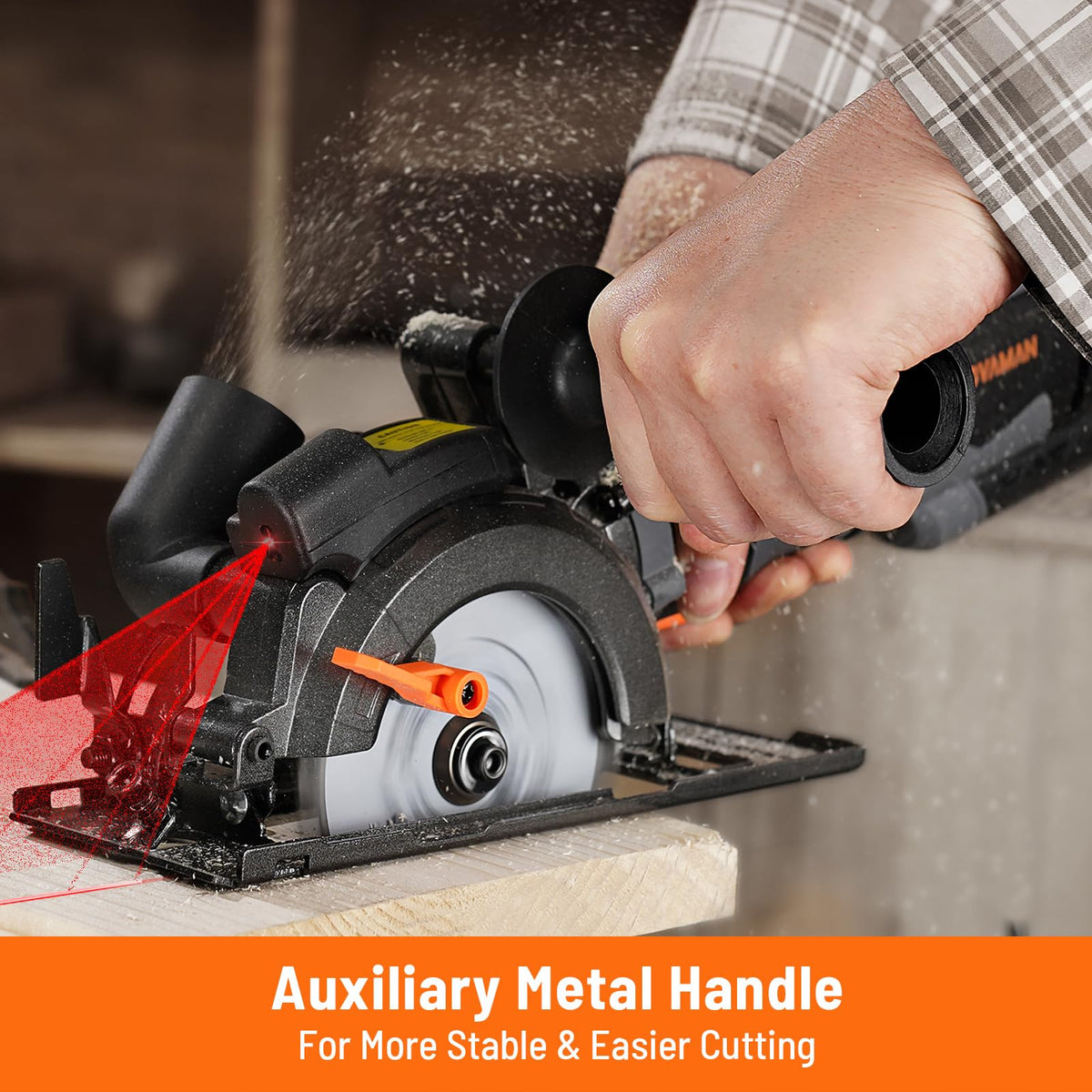 DOVAMAN circular saw with metal auxiliary handle boosts stability during work.
