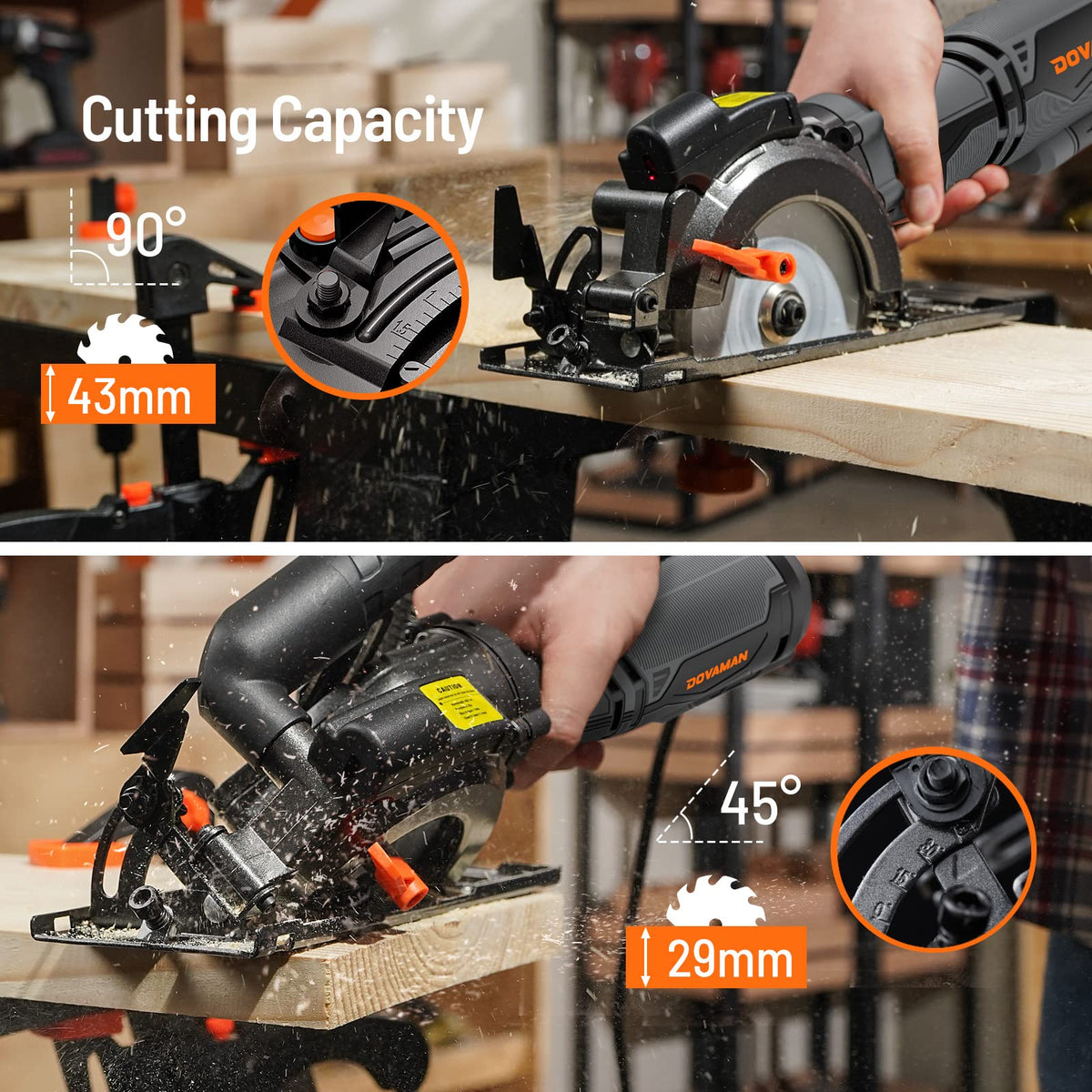 DOVAMAN circular saw bevel at 45 degrees enables versatile angle cuts.