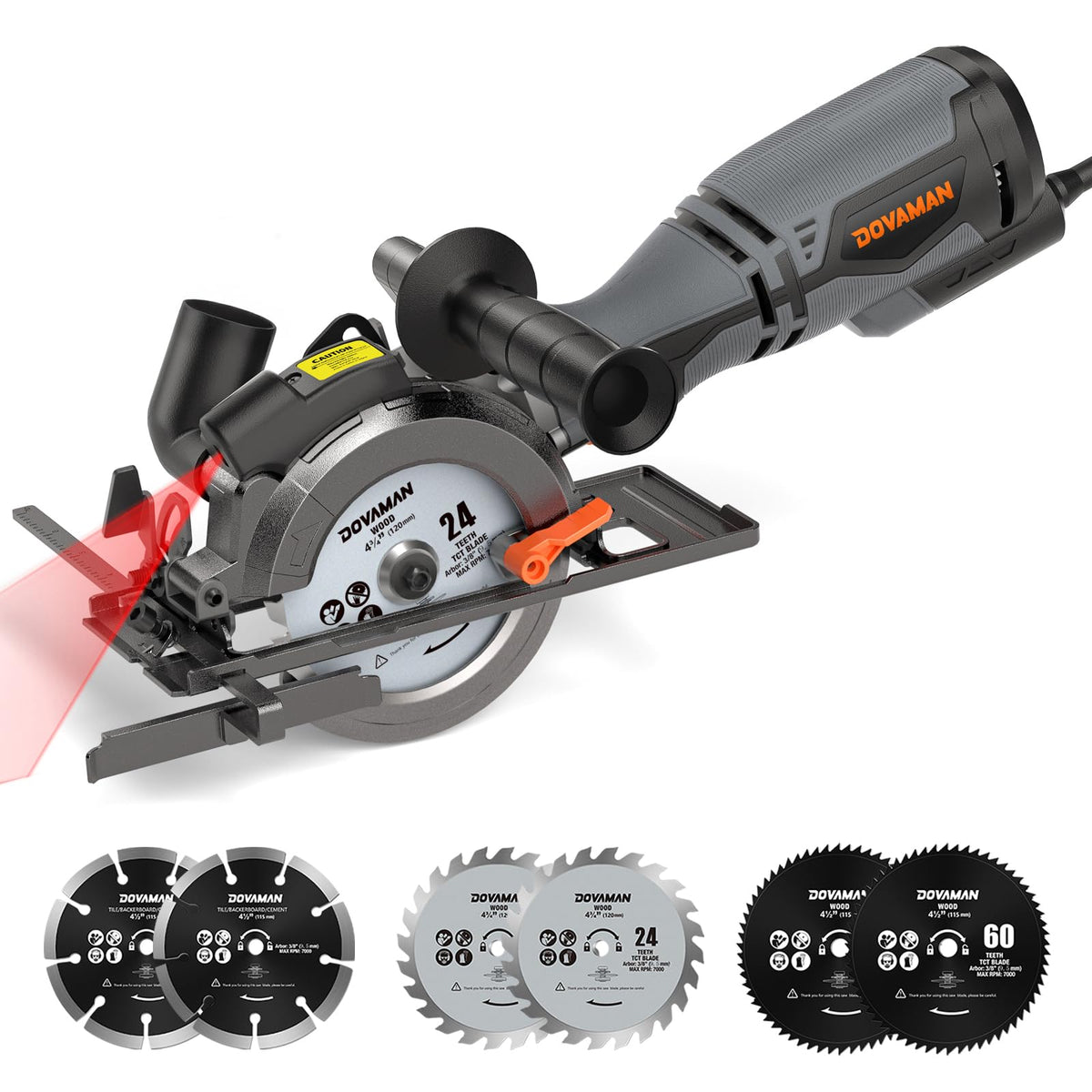 DOVAMAN circular saw front view shows compact design for precise handheld cuts.