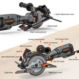 DOVAMAN circular saw cuts wood, plastic, tile, and soft metal with included blades.