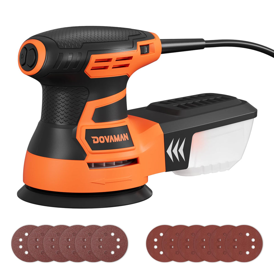 DOVAMAN ROS01A orbital sander displaying 13000 rpm capability for wood prep
