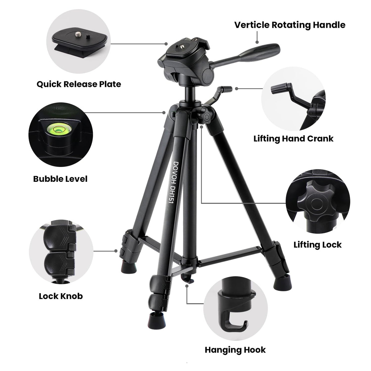 DOVOH quick-release plate enables fast tool or camera attachment.