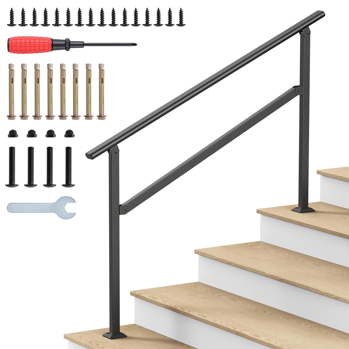 Dovov 4-step handrail outdoors provides sturdy porch or garden stairs support.