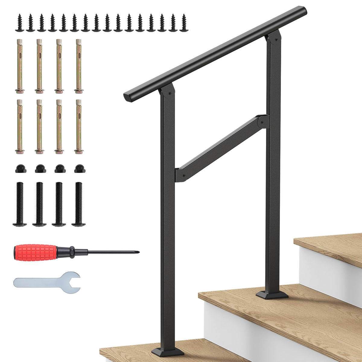 Dovov hand rail for outdoor two-step stairs with slip-resistant grip.