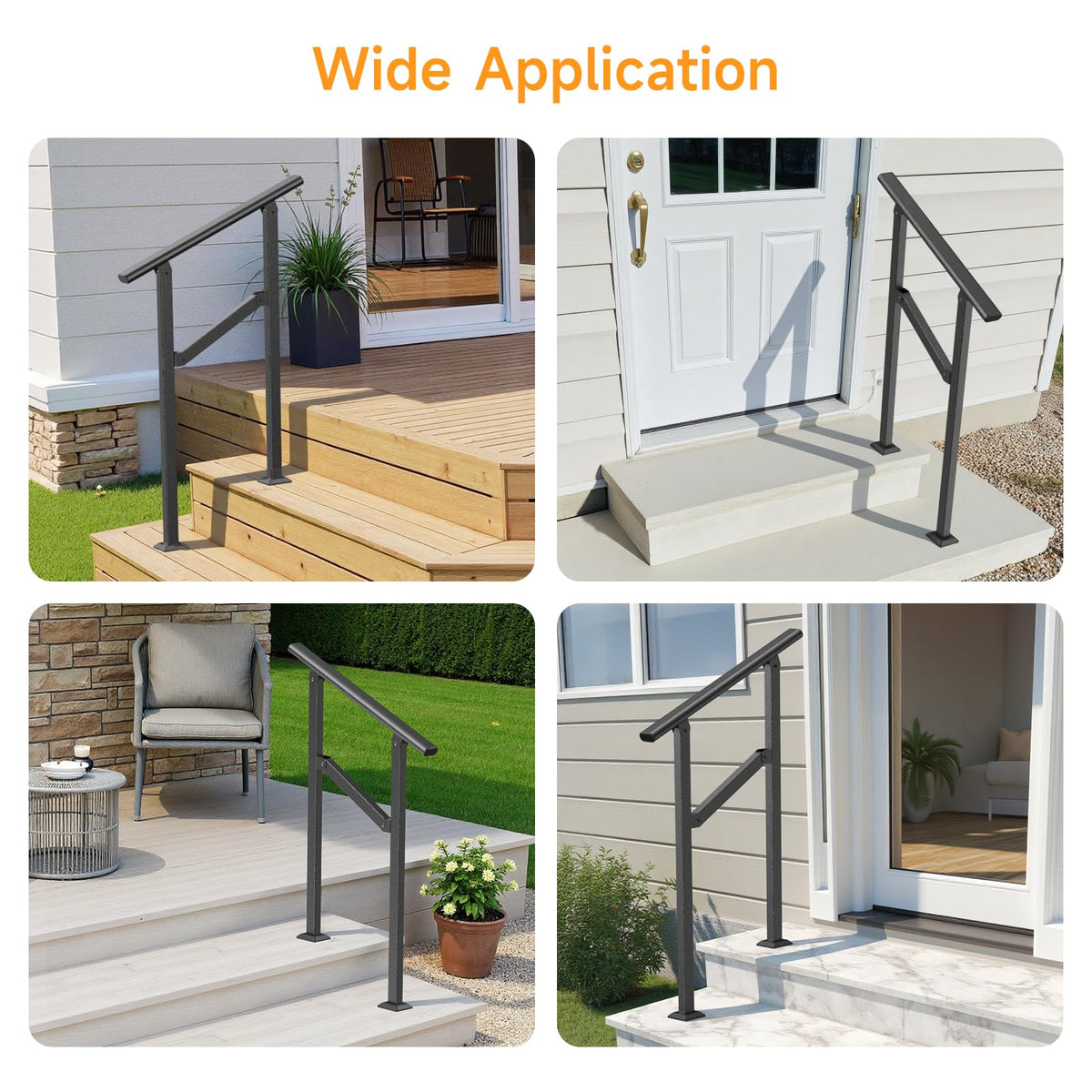 Dovov versatile handrail mounted on wood, concrete, and brick stairs.
