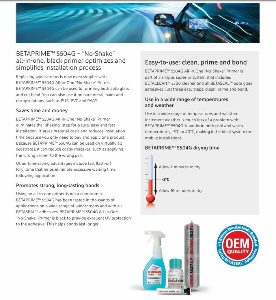 Dow Automotive 5504G Beta Prime cures quickly at 20°F (-7°C) and above, reducing downtime.