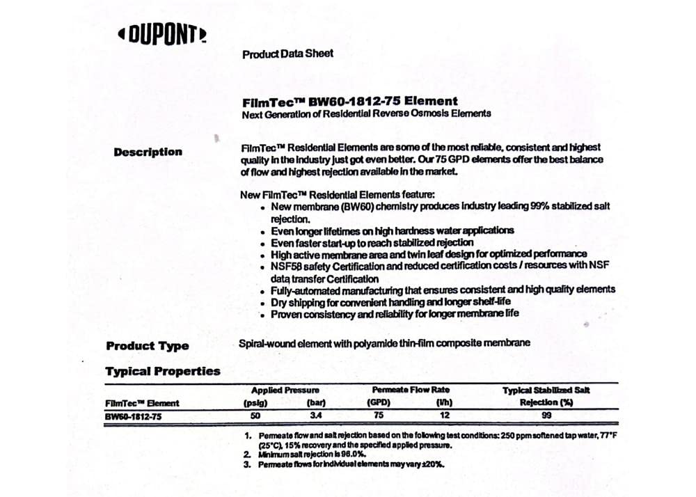 Illustration of high salt rejection capability of the Dow FilmTec BW60-1812-75 membrane.