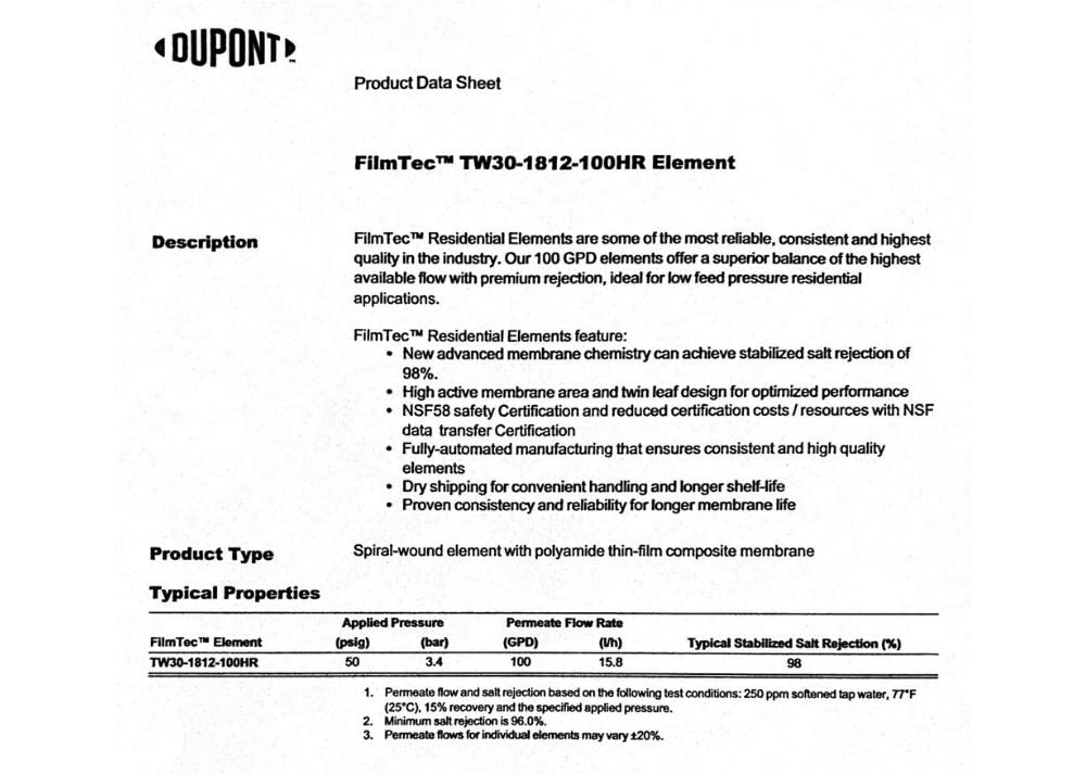 Dow FilmTec TW30-1812-100HR membrane chlorine tolerance under 0.1 ppm protects membrane performance.