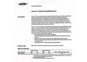 Dow FilmTec TW30-1812-50HR certification label shows NSF 58 compliance.