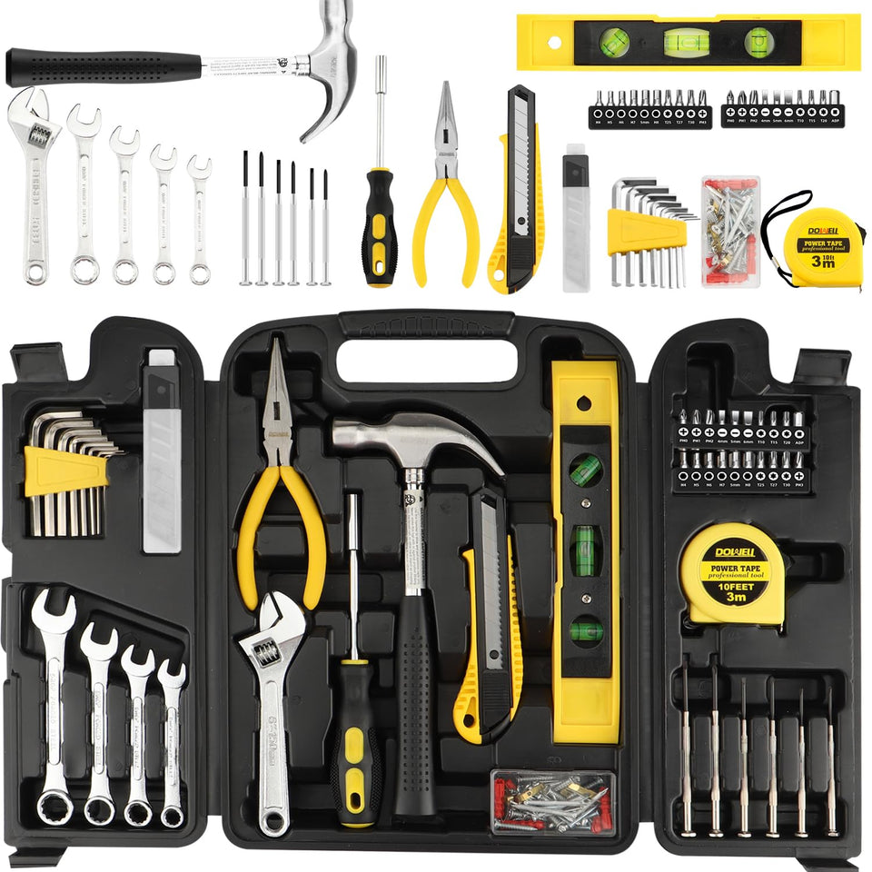 DOWELL 90-piece tool set case open showing organized compartments for quick access.