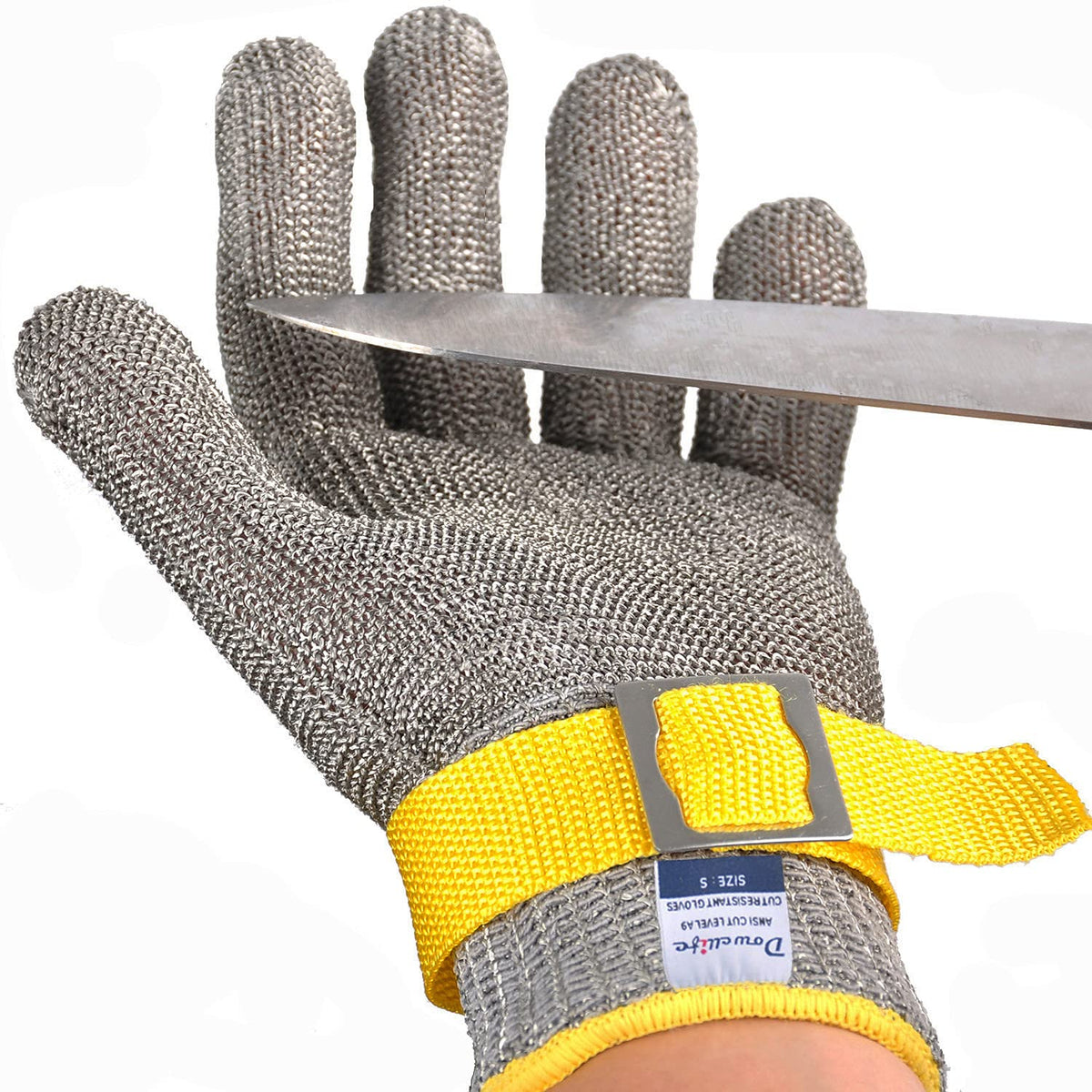 Dowellife ANSI A9 glove metal mesh closeup for blade protection in professional kitchen tasks