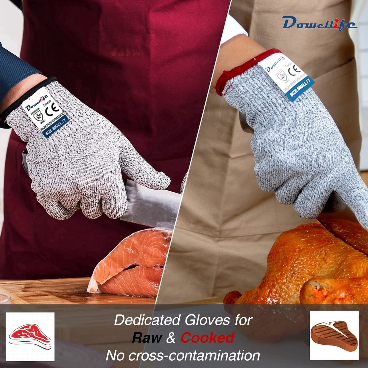Dowellife cut resistant gloves with hang ring for storage.