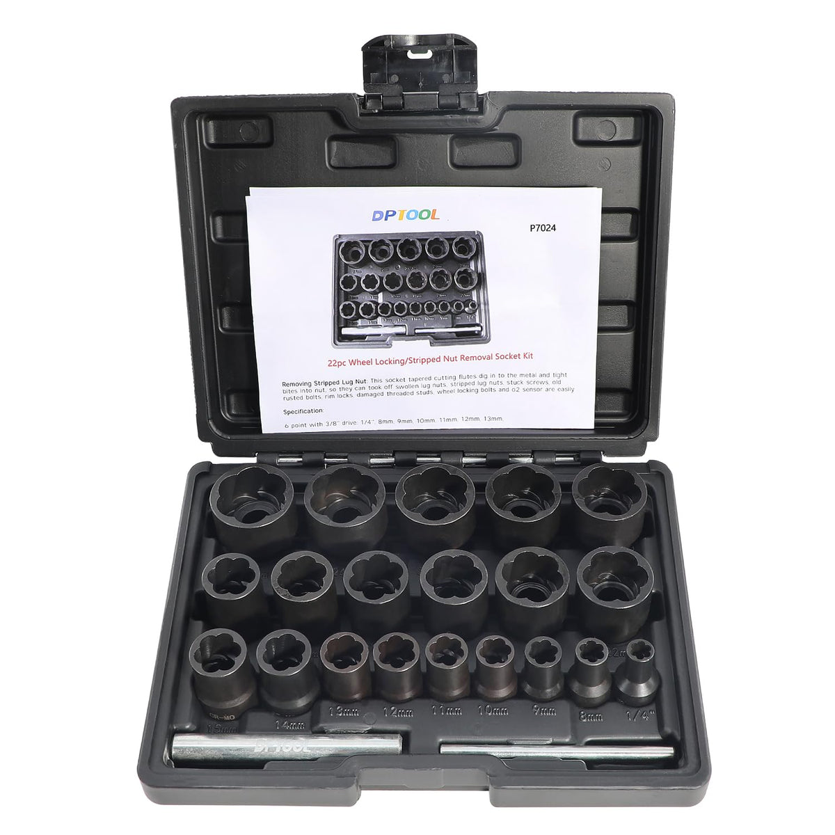 DPTOOL 22-piece bolt-nut extractor set case showing organized storage and portability