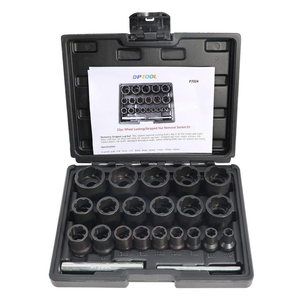 DPTOOL 22-piece bolt-nut extractor set case showing organized storage and portability