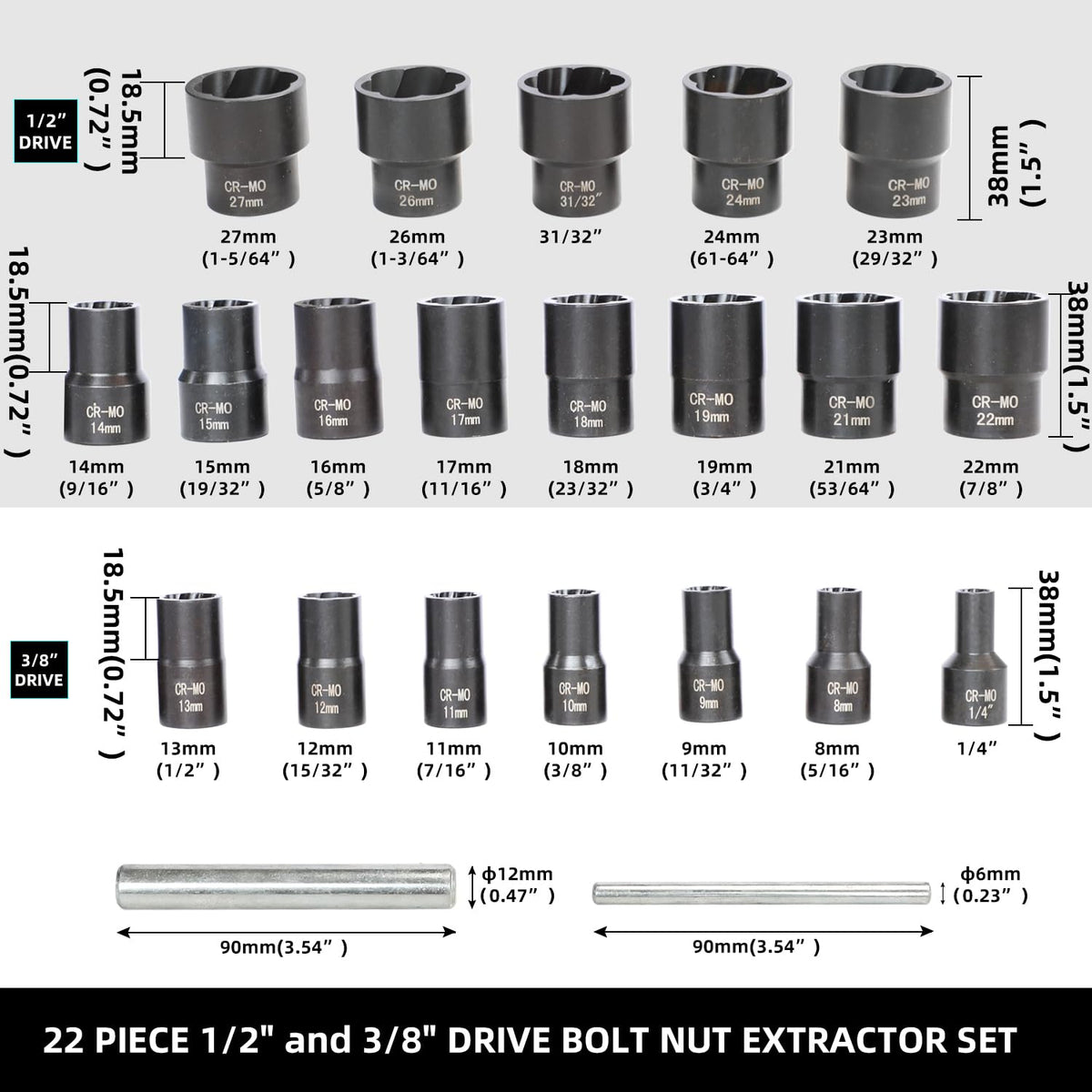 DPTOOL bolt-nut extractor sockets 38-drive for quick removal of damaged fasteners