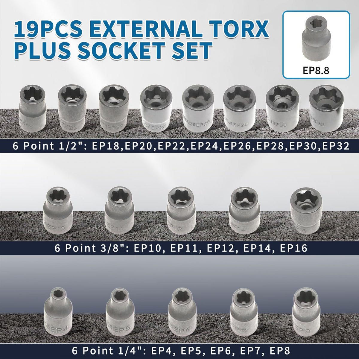 DPTOOL EP4-EP8 range sockets in 1/4-in drive for tight spaces