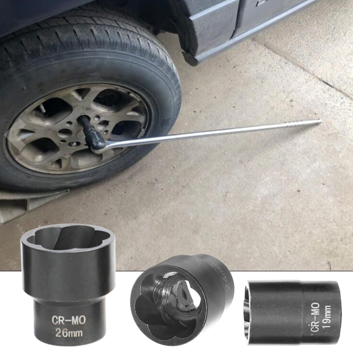 DPTOOL wheel-lock removal kit in action demonstrating versatile compatibility with lug nuts