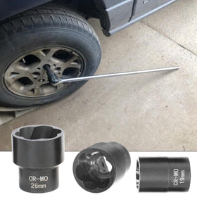 DPTOOL wheel-lock removal kit in action demonstrating versatile compatibility with lug nuts