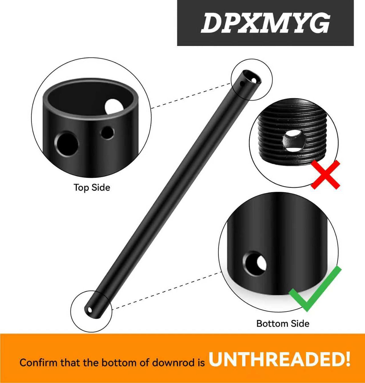 DPXMYG 1-inch unthreaded downrod end for quick, secure ceiling fan mounting.