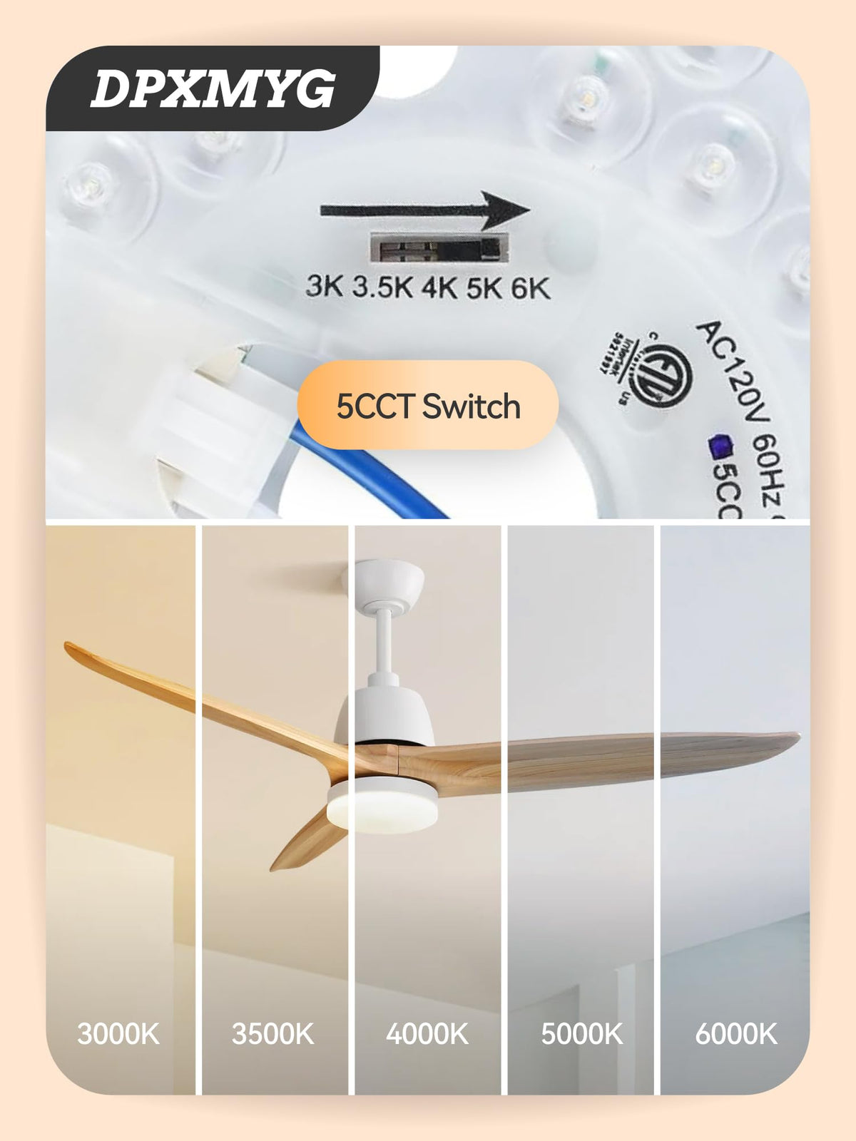 DPXMYG 5-inch LED ceiling fan light kit installation guide included for simple upgrade.