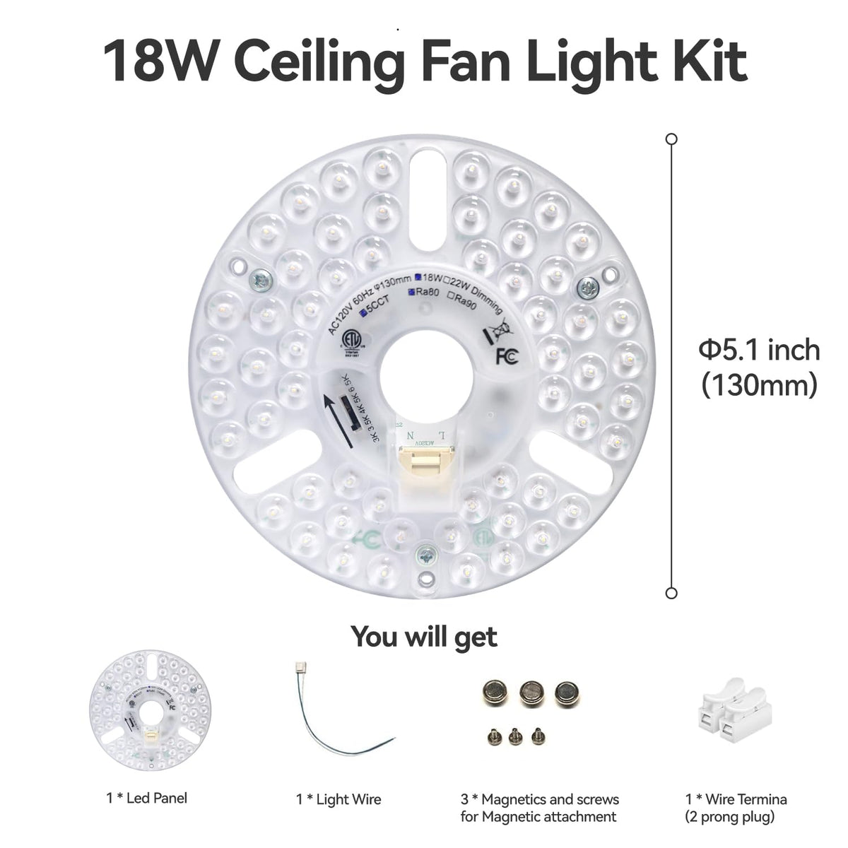 DPXMYG 5-inch LED ceiling fan light kit warm color option 3000K for cozy spaces.