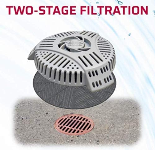Drain Defender installed over a stairwell drain showing clear water flow