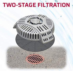 Drain Defender installed over a stairwell drain showing clear water flow