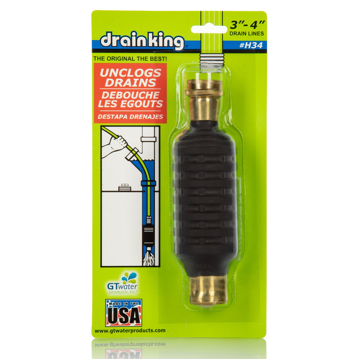 Drain King H34 cleans outside deck drains using water-powered pulsating jets.