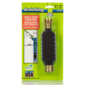 Drain King H34 cleans outside deck drains using water-powered pulsating jets.