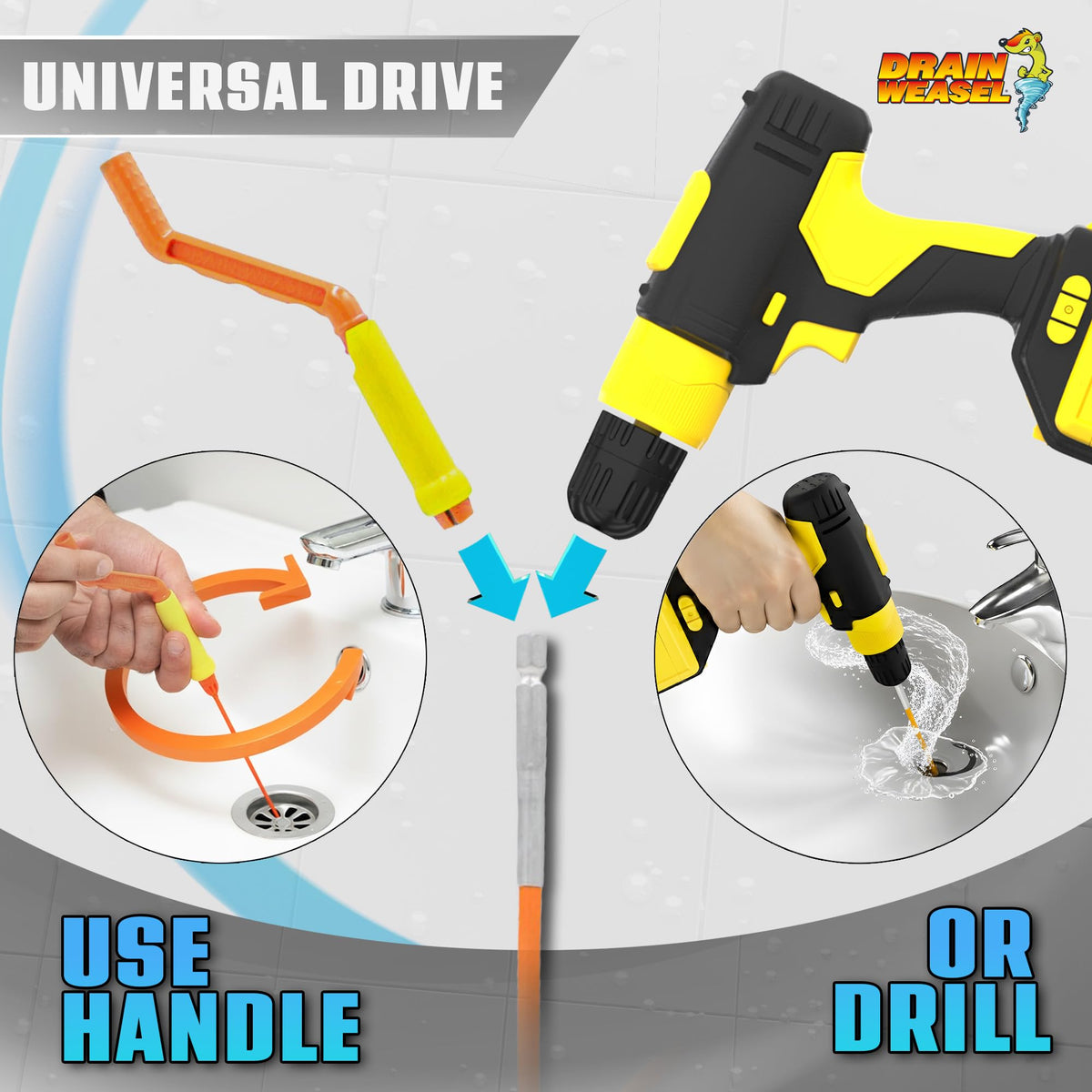 Drain Weasel FlexiSnake rotating handle provides precise manual control.