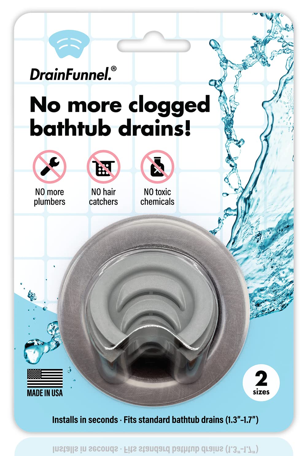 DrainFunnel two-size pack keeps bathtub drains clear with simple setup