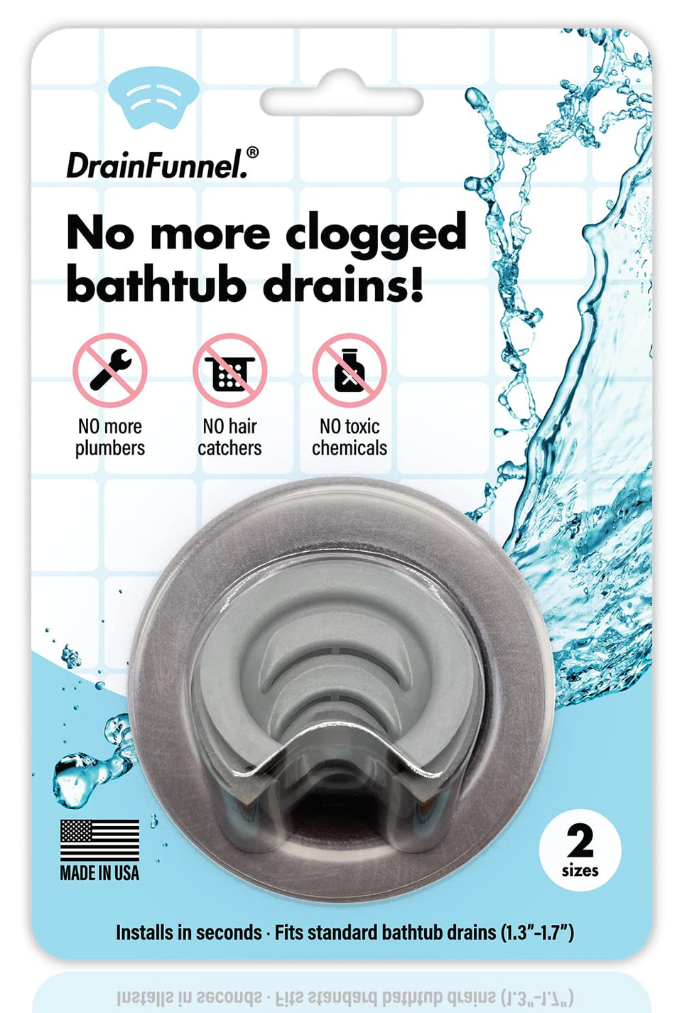 DrainFunnel two-size pack keeps bathtub drains clear with simple setup