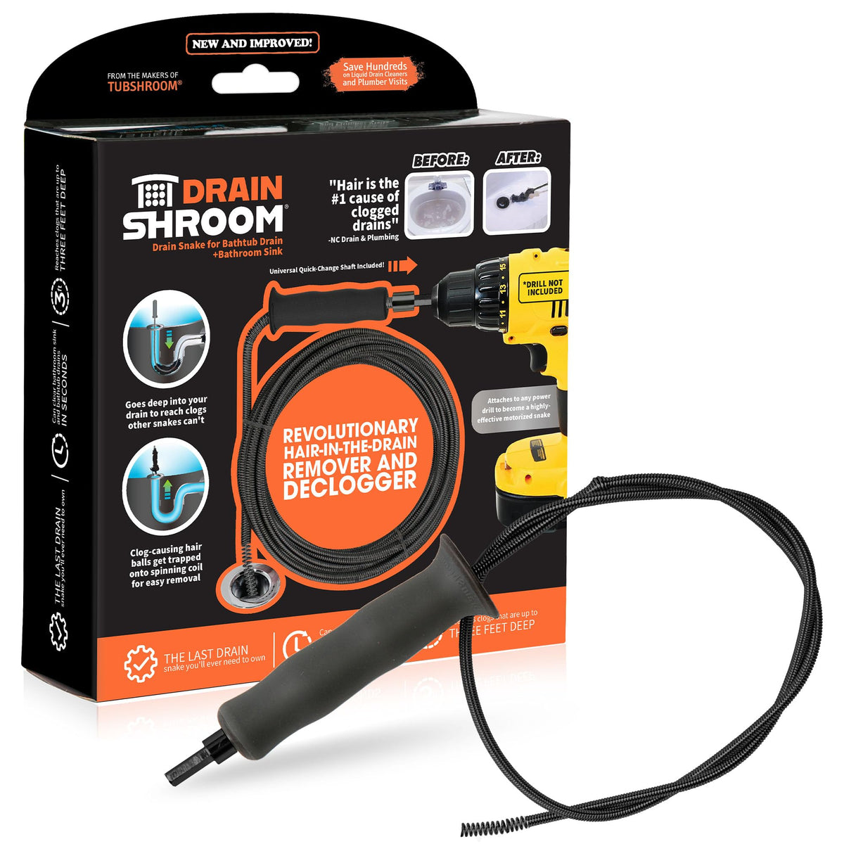 DrainShroom 36-inch drain snake attachment reaches deep clogs for thorough cleaning.