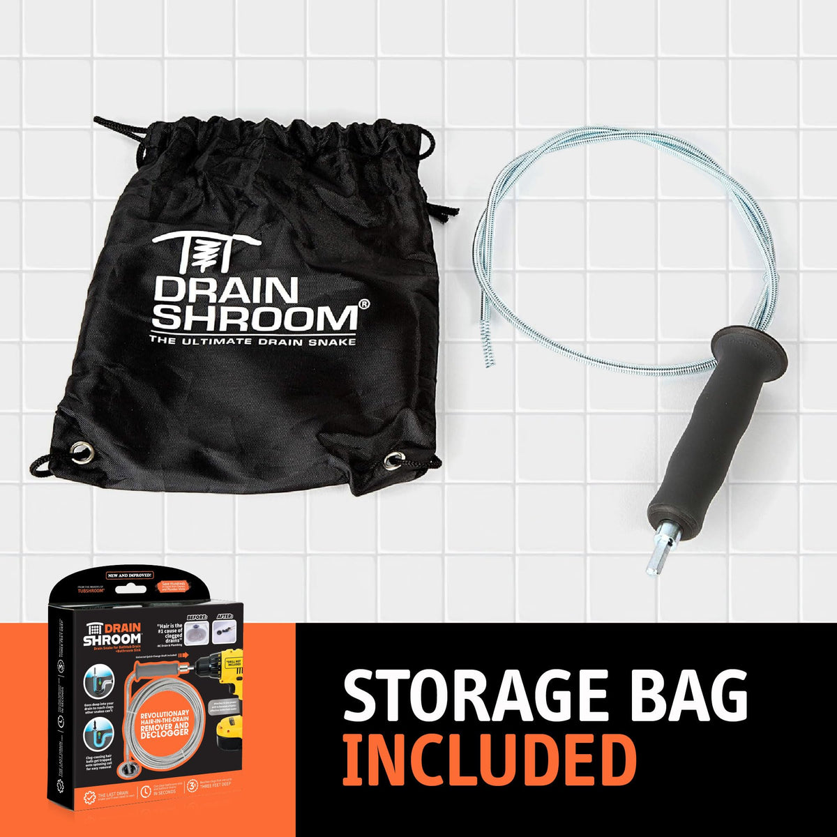 DrainShroom power drill attachment enables deep drain access.