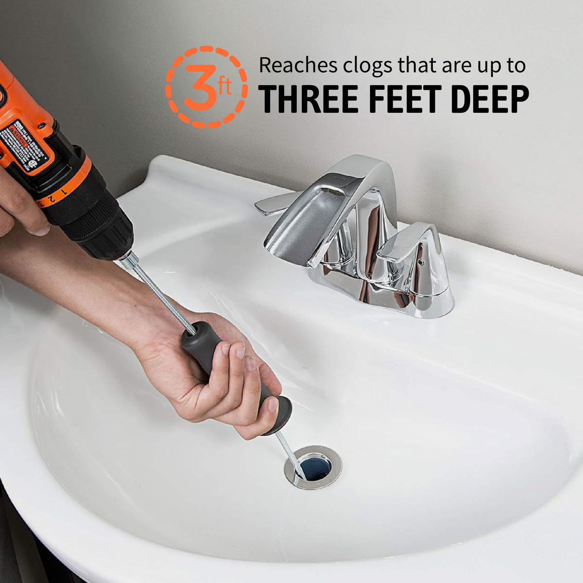 DrainShroom reaches clogs within three feet of the drain opening.
