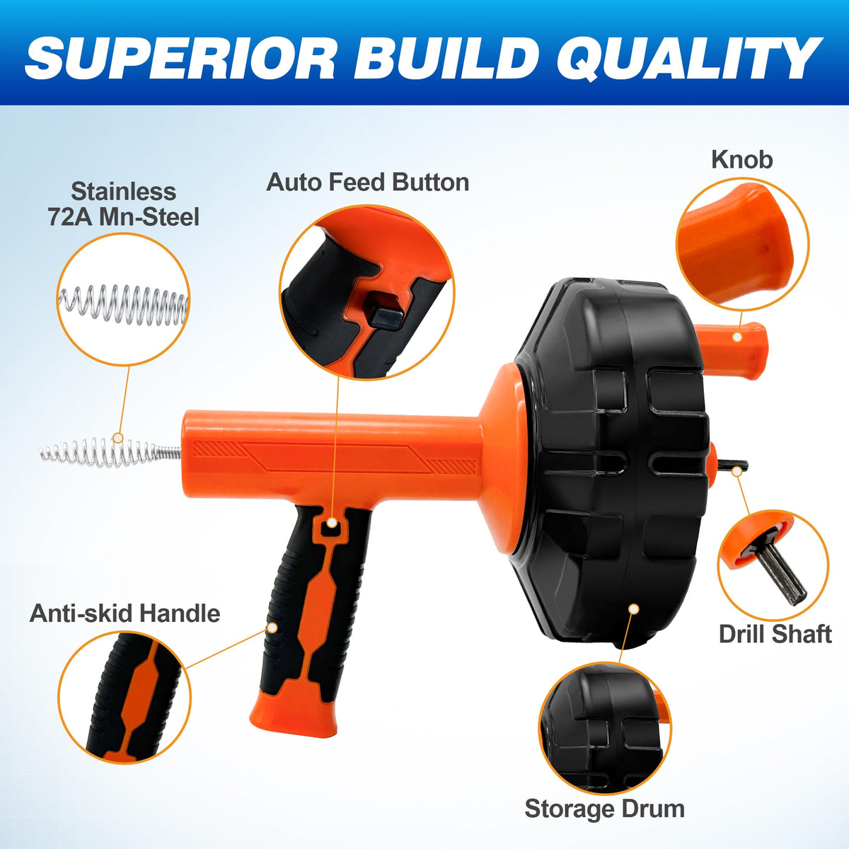 Drainsoon heavy duty drain snake tackles kitchen and bathroom drains with ease.