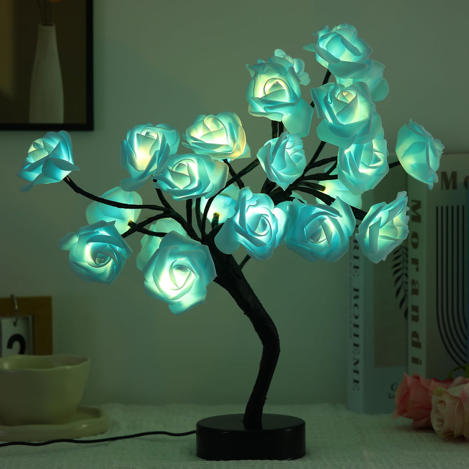Drawelry Rose Tree Lamp with blue LED petals provides warm ambient lighting for bedrooms.